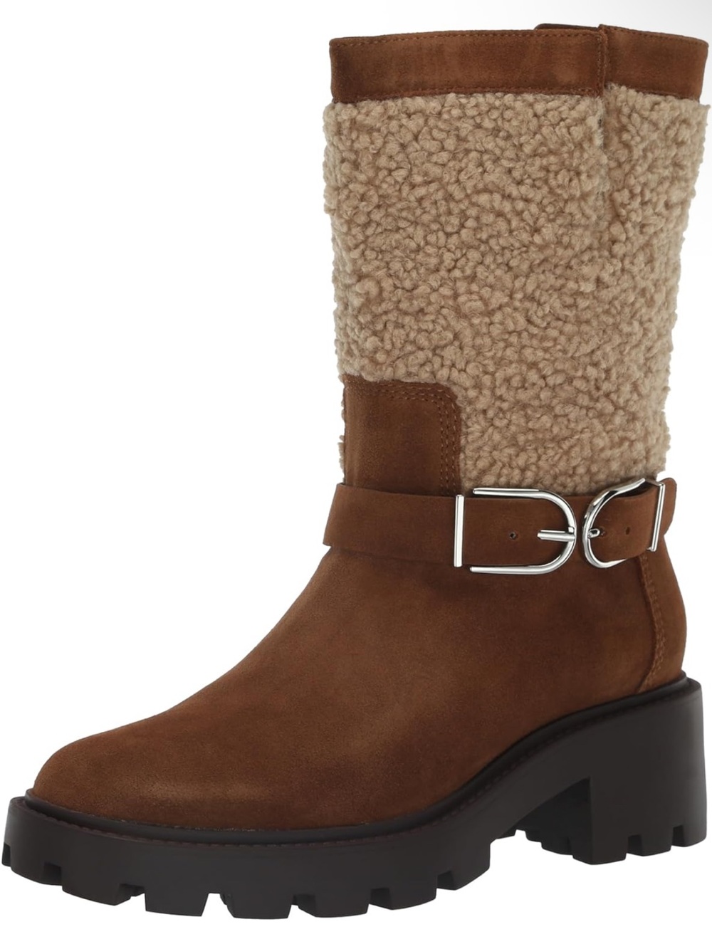 Franco Sarto Womens Brown Shearling-Trim Mid-Calf Boot